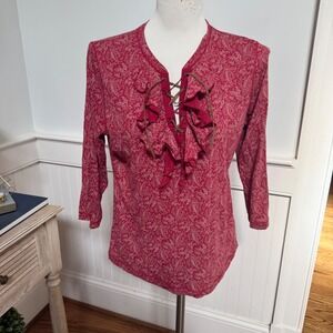 Lauren Jeans Co Ralph Lauren Pink Paisley Lace Up Ruffle Top 3/4 Sleeve Large